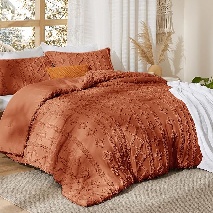 Bedsure Tufted Boho Comforter Set King Size - Terracotta Boho Bed Set, GentleSoft™ 3 Pieces Farmhouse Shabby Chic Embroidery Bedding, Gifts for Woman, Soft Jacquard King Comforter for All Seasons