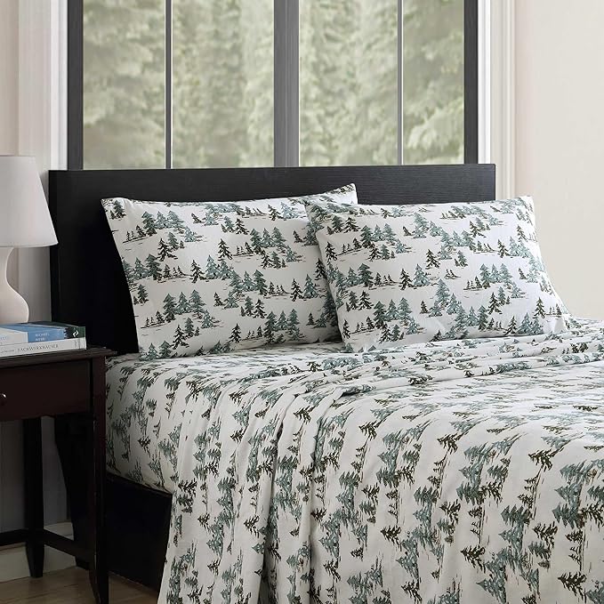 Eddie Bauer - King Sheets, Cotton Flannel Bedding Set, Brushed for Extra Softness, Cozy Home Decor, Oeko-Tex Certified (Jolly Trees Red, King)
