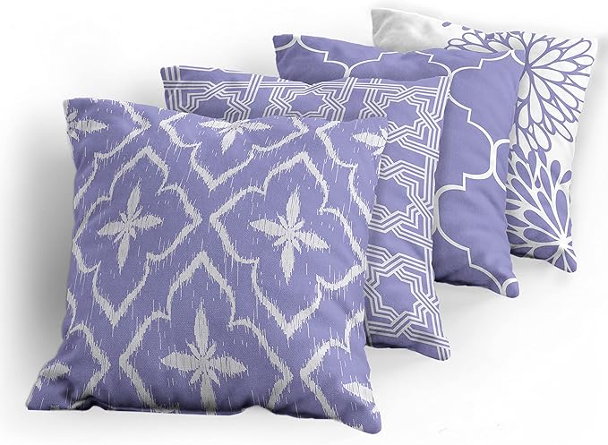 Ambesonne Vintage Throw Pillow Cushion Case Pack of 4, Monochrome Design Grid Trellis Quatrefoil Mesh and Dahlia Flowers Modern Print, Modern Accent Double-Sided Digital Printing, 18", Lavender White