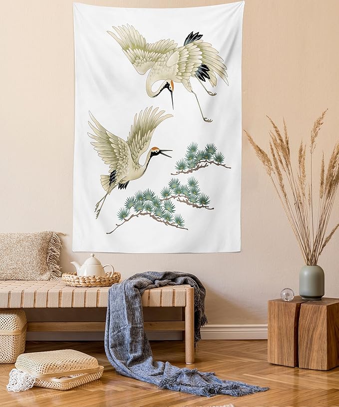 Lunarable Bird Tapestry, 2 Japanese Cranes Flying Traditional Painting Style Far Eastern Illustration, Fabric Wall Hanging Decor for Bedroom Living Room Dorm, 30" X 45", Ivory Green Black