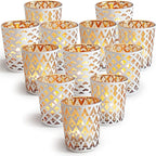 SHMILMH White and Gold Votive Candle Holders Set of 12, 4 Patterns Frosted Glass Tea Lights Candle Holders for Birthday Party Wedding Table Centerpiece Halloween