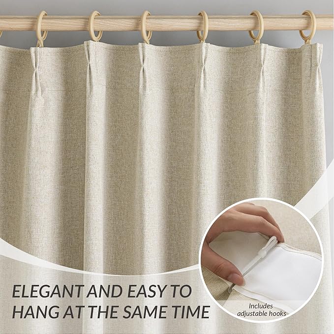 KangBang Pinch Pleat Linen Blackout Curtains 90 Inches Long for Bedroom, Thermal Pinch Pleated Drapes for Living Room Nursery, Soundproof Elegant Home Decor(2 Panels, Natural Beige,42x90)