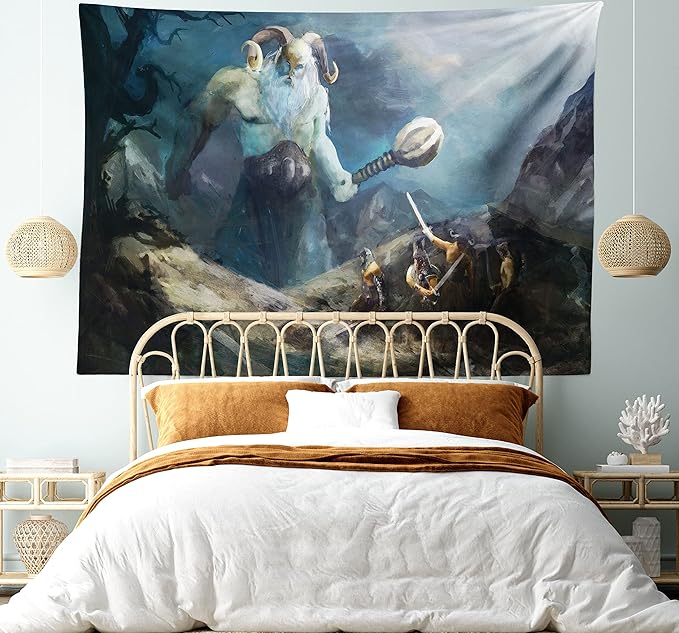 Lunarable Viking Tapestry, Heroes of Valhalla with Mythological Frost Giant Norse Culture Watercolor Design, Wide Wall Hanging for Bedroom Living Room Dorm, 80" X 60", Grey Blue