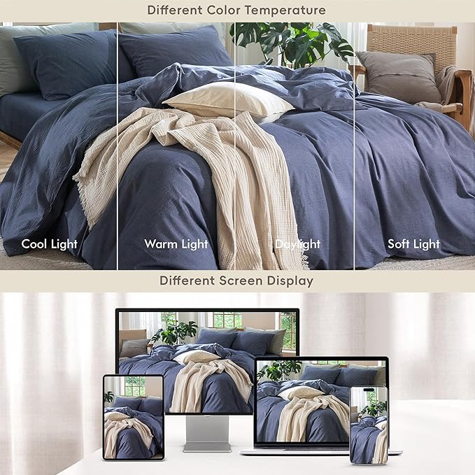 MooMee Bedding Duvet Cover Set 100% Washed Cotton Linen Like Textured Breathable Durable Soft Comfy (Heathered Blue, Full 80"x90")