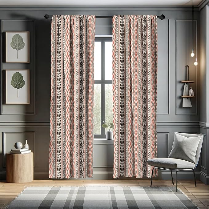 Ambesonne Southwestern Window Curtains, Traditional Vertical Borders Inspired by Prehistoric Art Ikat Style, Lightweight Decorative Panels Set of 2 with Rod Pocket, Pair of - 28" x 63", Brown Coral