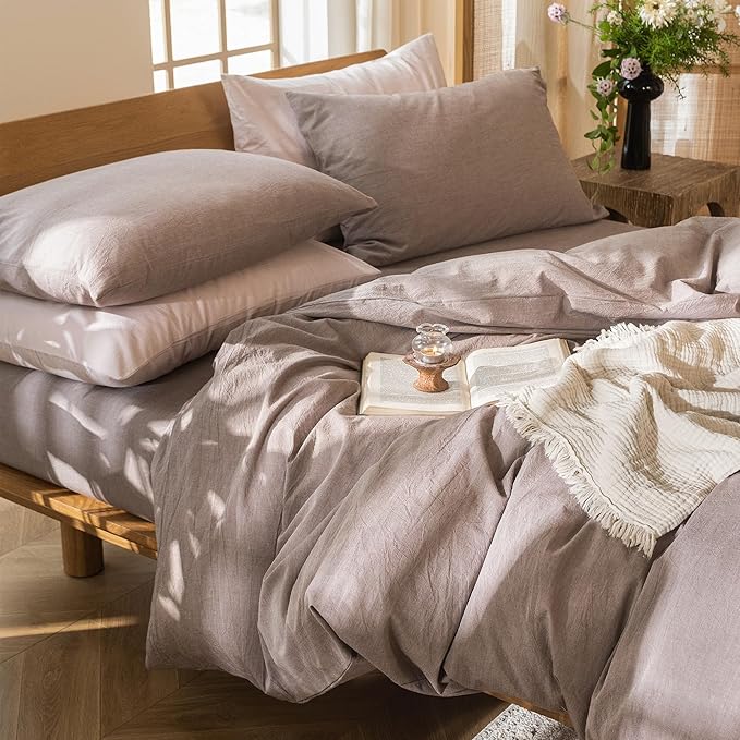 MooMee Bedding Duvet Cover Set 100% Washed Cotton Linen Like Textured Breathable Durable Soft Comfy (Heathered Mauve Brown, Palatial King/Oversized King 120"x98")