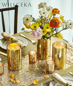 Gold Cylinder Vases for Centerpieces, Modern Glass Vase Set of 12 Decorative Hurricane Candle Holder for Pillar Candle Holders Flowers for Table Centerpiece