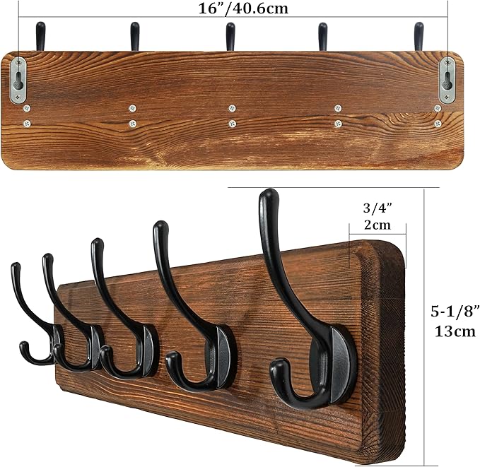 WEBI Coat Rack Wall Mount,Coat Hooks Wall Mounted,16" Hole to Hole,Coat Hanger Wall,Hook Rack Rail,5 Hooks for Hanging Jacket,Clothes,Hats,Rustic Brown
