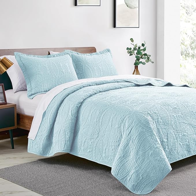 Love's cabin Quilts for Full Bed Spa-Blue Bedspreads Bedding Set - Lightweight Bedspread Comforter - Coin Pattern Bedding Coverlet for All Season - 3 Pieces (1 Quilt, 2 Pillow Shams)