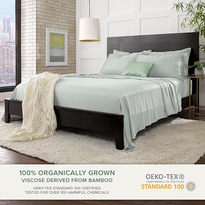 Twin Sheets by Pure Bamboo, Genuine 100% Organic Viscose Derived from Bamboo Bed Sheet Set, Luxuriously Soft & Cooling, Double Stitching, Lifetime Quality Promise (Twin, Sea Glass)