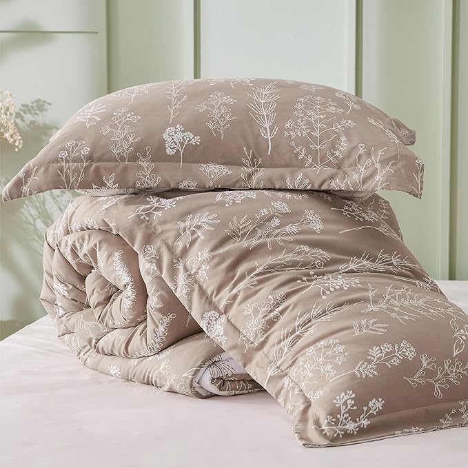 Bedsure King Comforter Set - Light Taupe Bed Set, 3 Pieces Cute Floral Bedding, 1 Soft Reversible Botanical Flowers Comforter and 2 Pillow Shams