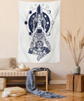 Lunarable Moon Phases Tapestry, Space Shuttle Astronaut in Lotus Position Tattoo Design Yoga Meditation, Wall Hanging for Bedroom Living Room Dorm Decor, 60" X 80", Dark Blue White