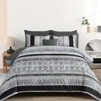 Boho King Size Comforter Set 8 Pieces,Gray Bohemian Striped Bed in a Bag,Floral Soft Microfiber Bedding Comforter Set