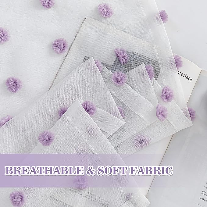 MYSKY HOME 108 Inch Curtains for Living Room Extra Long Purple Pom Pom Curtains for Bedroom 2 Sets Large White Sheer Curtains for Sliding Door Rod Pocket Backdrops Window Drapes 52 x 108 in