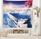 Ambesonne Europe Tapestry, Mountain Peak Snowy Winter Colorful Sky Sunbeams Adventure Austria, Wide Wall Hanging for Bedroom Living Room Dorm, 80" X 60", Coral Night