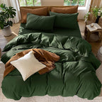 MooMee Bedding Duvet Cover Set 100% Washed Cotton Linen Like Textured Breathable Durable Soft Comfy (Solid Forest Green, Alaska King 132"x120")