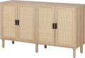 Finnhomy 4 Door Sideboard Buffet Cabinet, Kitchen Storage Cabinet with Rattan Decorated Doors, Cupboard Console Table, Boho Accent Liquor Cabinet for Home Bar, 62.3X 15.7X 34.6 Inches, Natural