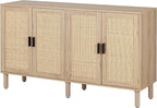 Finnhomy 4 Door Sideboard Buffet Cabinet, Kitchen Storage Cabinet with Rattan Decorated Doors, Cupboard Console Table, Boho Accent Liquor Cabinet for Home Bar, 62.3X 15.7X 34.6 Inches, Natural