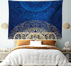 Lunarable Royal Blue Tapestry King Size, Vintage Eastern Circular Floral Old Fashioned Design, Wall Hanging Bedspread Bed Cover Wall Decor, King Size, Blue Yellow