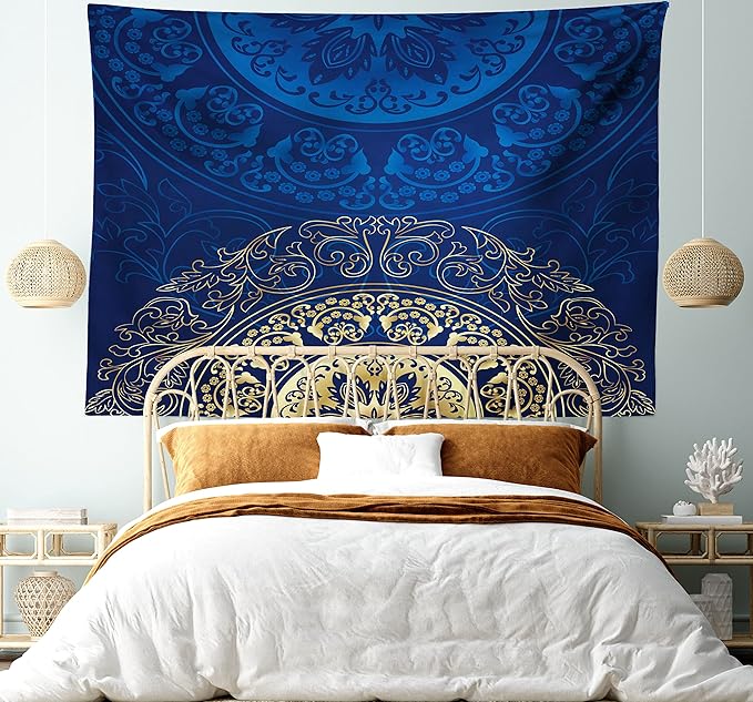 Lunarable Royal Blue Tapestry King Size, Vintage Eastern Circular Floral Old Fashioned Design, Wall Hanging Bedspread Bed Cover Wall Decor, King Size, Blue Yellow