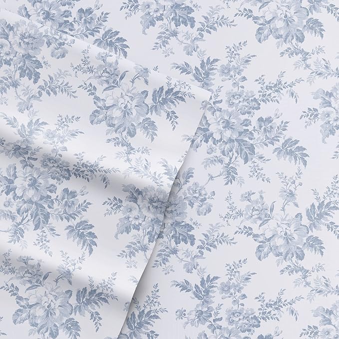 Laura Ashley - Flannel Sheets Twin Size, Anti-Pilling & Wrinkle Resistant Cotton, Touchably Soft for All-Season Comfort - Bed Sheets with Matching Pillowcase & Fitted Sheet (Vanessa Blue)