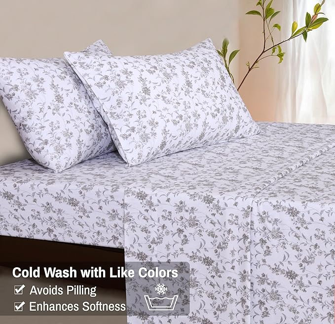RUVANTI Flannel Sheets King Size - 100% Cotton Brushed King Size Sheets Set - Deep Pockets 16 Inches Bed Sheets - All Seasons Breathable & Extra Soft - Warm & Cozy, 4 Piece, Vintage Flora