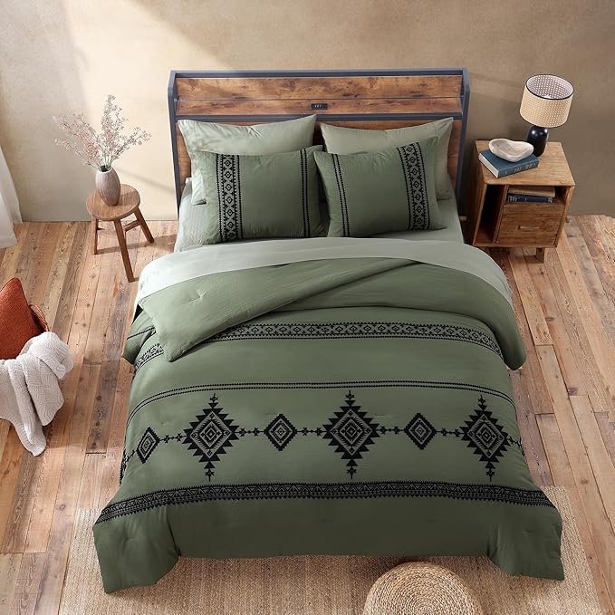 MaiRêve Olive Green Embroidery Comforters Set Queen Size - 7 Pieces, Farmhouse Western Bedding All Season Bed in A Bag Queen, Boho Comforter Set with Sheets, Pillowcases & Shams