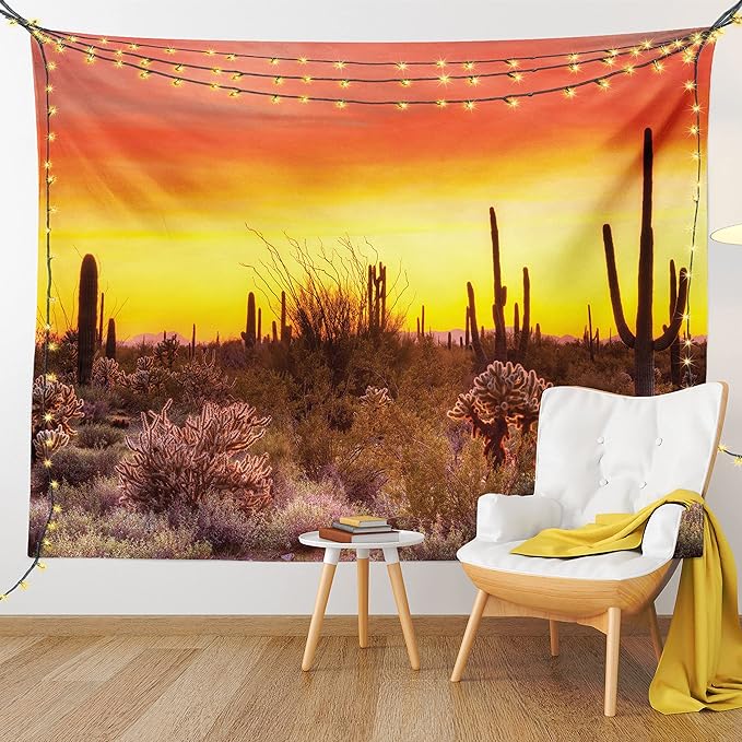 Ambesonne Saguaro Tapestry, Sun Rays Over Sonoran Desert at Sunset Brittle Bush Shrub Vibrant Colors, Wide Wall Hanging for Bedroom Living Room Dorm, 60" X 40", Red Orange Black