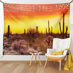 Ambesonne Saguaro Tapestry, Sun Rays Over Sonoran Desert at Sunset Brittle Bush Shrub Vibrant Colors, Wide Wall Hanging for Bedroom Living Room Dorm, 60" X 40", Red Orange Black