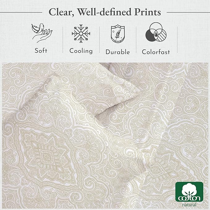 California Design Den Queen Sheet Set - 400 Thread Count Sateen, Deep Pocket Natural 100% Cotton Sheets, Deep Pocket Cooling and Durable Bedding - Paisley Pattern, Beige