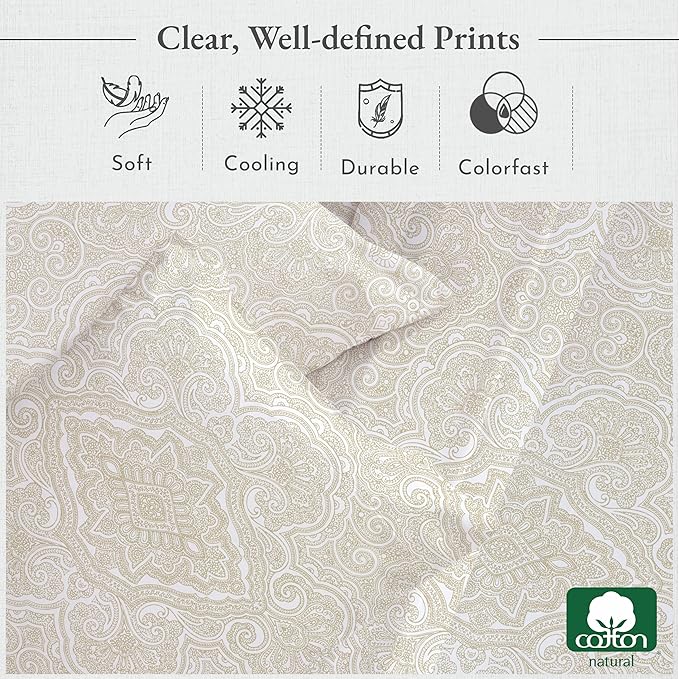 California Design Den Printed Twin XL Sheet Sets - 400 Thread Count Sateen, Natural 100% Cotton Sheets, Deep Pockets, Cooling and Durable Bedding Set - Paisley Pattern, Beige