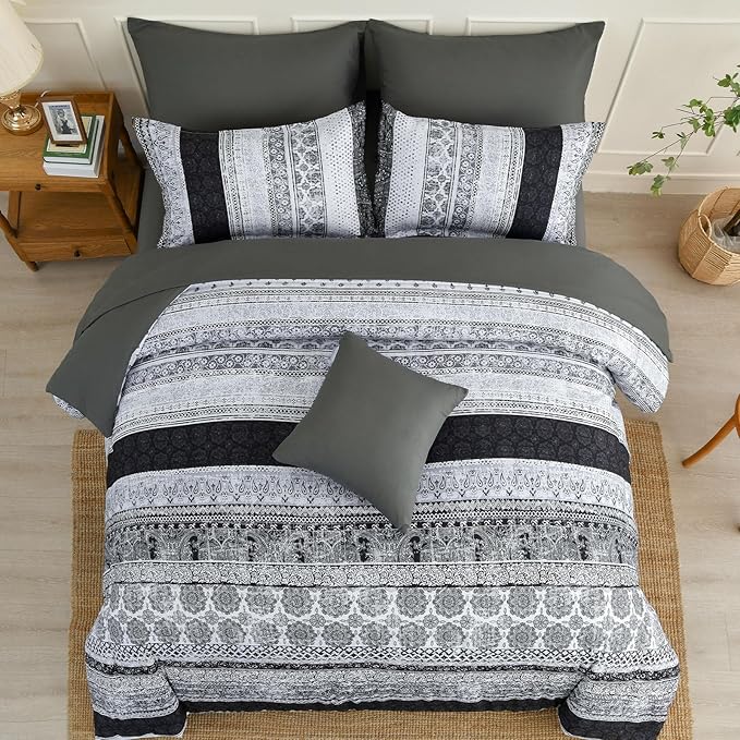 Boho King Size Comforter Set 8 Pieces,Gray Bohemian Striped Bed in a Bag,Floral Soft Microfiber Bedding Comforter Set