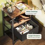 Huuger Night Stand with Fabric Drawer, Side Table with Mesh Shelf, Bedroom Nightstand, Fabric Drawer Dresser, Open Shelf, Metal Frame, Couch Side, Rustic Brown and Black