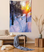 Ambesonne Nature Tapestry, Sunset in a Winter Park Russia Sun Rays Through Trees Pathway to Forest, Wall Hanging for Bedroom Living Room Dorm Decor, 40" X 60", Amber Brown