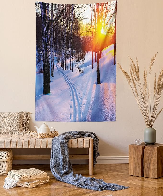 Ambesonne Nature Tapestry, Sunset in a Winter Park Russia Sun Rays Through Trees Pathway to Forest, Wall Hanging for Bedroom Living Room Dorm Decor, 40" X 60", Amber Brown