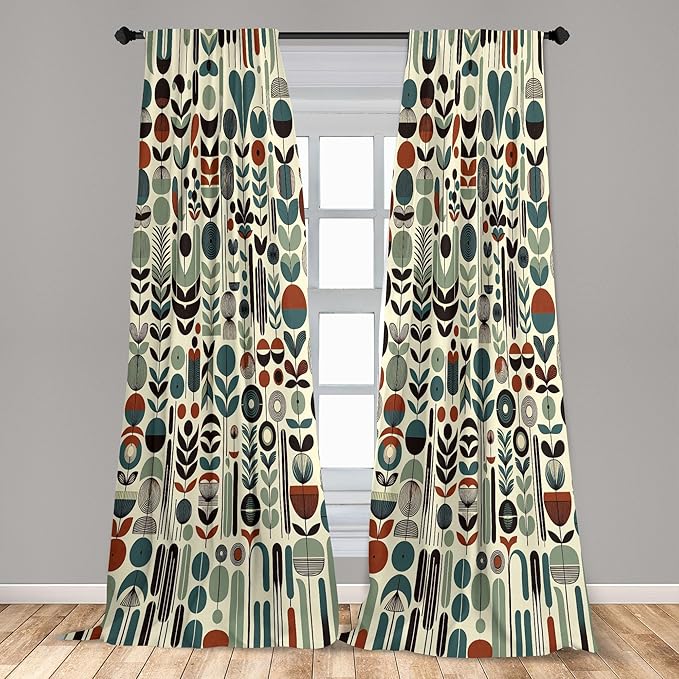 Ambesonne Leafy Art Window Curtains Pack of 2, Scandinavian Leaves Pattern with Geometric Roundy Modern Boho Print, Lightweight Set with Rod Pocket, 4 Panels of - 28" x 84", Pale Green Redwood Teal