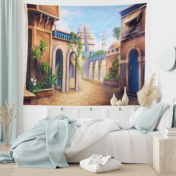 Lunarable City Tapestry King Size, Babylon City Gardens Architecture 7 Wonders of the World, Wall Hanging Bedspread Bed Cover Wall Decor, 104" X 88", Caramel Green