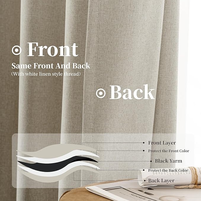 KangBang Blackout Linen Curtains 72 Inches Long for Bedroom,Thermal Insulated Back Tab Rod Pocket Pleated Sun Blocking Farmhouse Drapes with Clip Rings Made 52 Inch Wide by 72 Inch Length 2 PCs