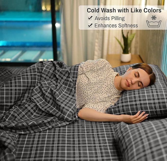 RUVANTI Flannel Sheets Split King Size - 100% Cotton Brushed Split King Bed Sheets Set, Deep Pockets 16 Inches, All Seasons Breathable & Extra Soft, Warm & Cozy, 5 Piece, Grey Plaid