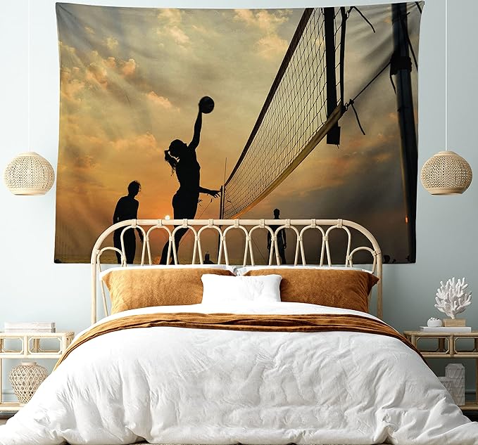 Lunarable Volleyball Tapestry, Beach Sports at Sunset Open Sky Net and Ball Activity Excitement Fun and Games, Fabric Wall Hanging Decor for Bedroom Living Room Dorm, 28" X 23", Black
