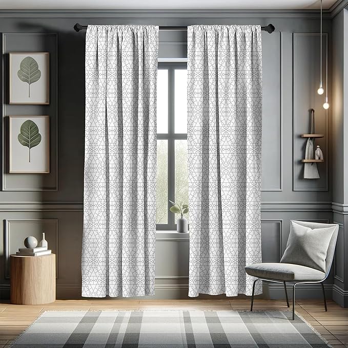 Ambesonne Geometric Window Curtains, Continuous Pattern with Abstract Concave Shapes and Triangles Print, Lightweight Decorative Panels Set of 2 with Rod Pocket, 56" x 63", Charcoal Grey and White