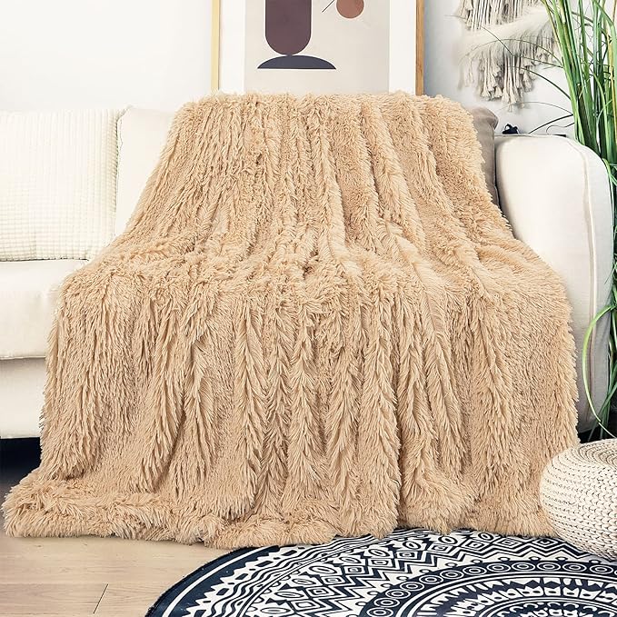 Tuddrom Decorative Extra Soft Faux Fur Blanket Queen Size 80" x 90",Solid Reversible Fuzzy Fluffy Cozy Plush Fleece Comfy Microfiber Fur Blanket for Couch Sofa Bed,Apricot