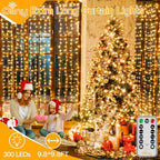Ollny Christmas Curtain Lights 300 LED 9.8 FTx9.8 FT, Outdoor Waterproof Curtain String Lights with Remote Timer 8 Modes, USB Waterfall Window Lights for Wall Backdrop Home Decorations (Warm White)