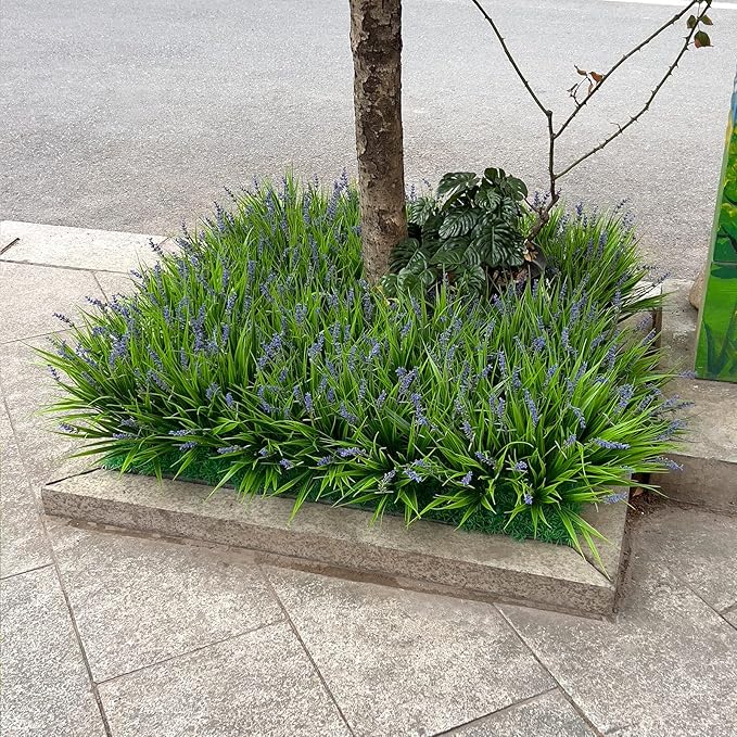 Faux Plants Outdoor 24 Bundles Fake Monkey Grass Artificial Plastic Purple Flowers Outside Flor Fade Resistant Realistic for Planter Porch Patio Decor(24 Bundles Purple Monkey Grasses)