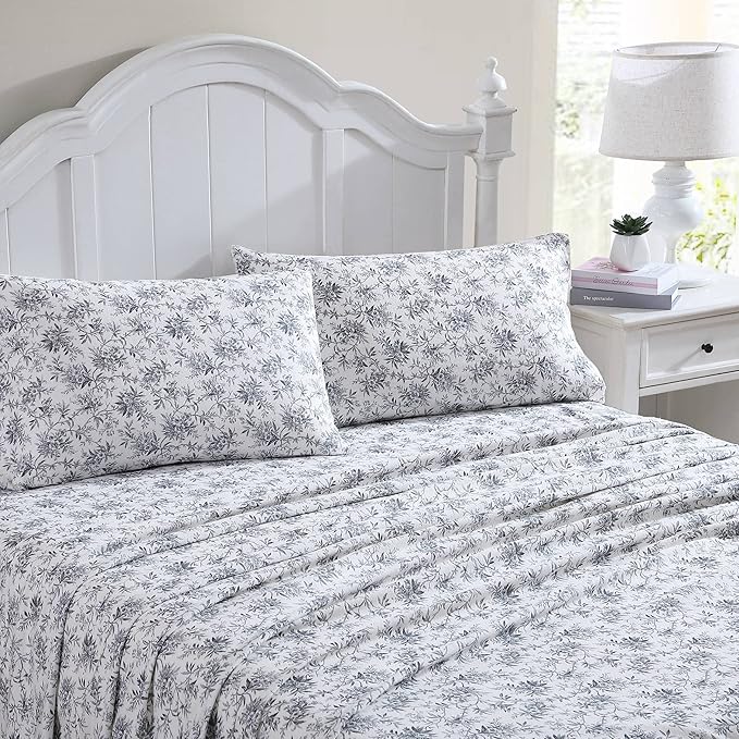 Laura Ashley - Flannel Sheets Full Size, Anti-Pilling & Wrinkle Resistant Cotton, Touchably Soft for All-Season Comfort - Bed Sheets with Matching Pillowcases & Fitted Sheet (Faye Toile Black)