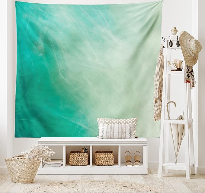 Lunarable Aqua Tapestry King Size, Watercolor Effect Wave Pattern Abstract Underwater Illustration Calming Artwork, Wall Hanging Bedspread Bed Cover Wall Decor, King Size, White Mint
