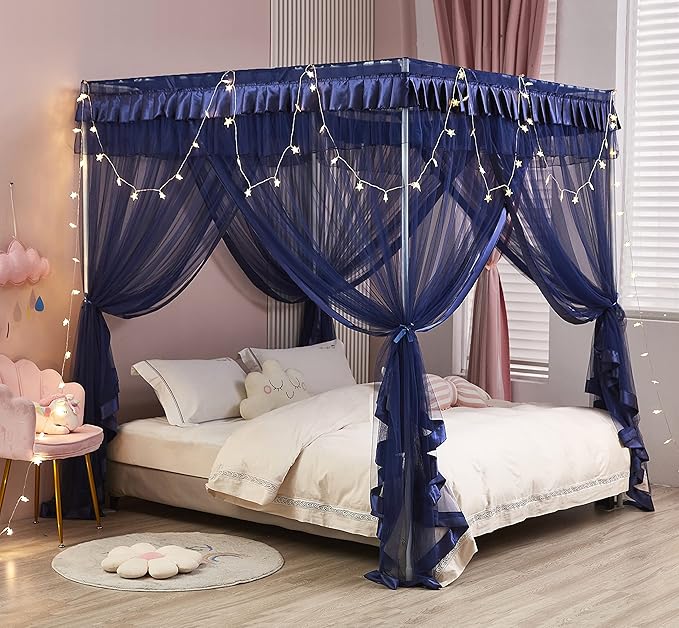 Mengersi Canopy Bed Curtains Bed Canopy Royal Luxurious Cozy Drapes Netting- Elegant Bed Sheer Bedroom Decoration Accessories for Adults(Navy Blue,Queen)