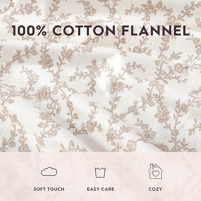 Laura Ashley - Flannel Sheets Queen Size, Anti-Pilling & Wrinkle Resistant Cotton, Touchably Soft for All-Season Comfort - Bed Sheets with Matching Pillowcases & Fitted Sheet (Victoria Beige)