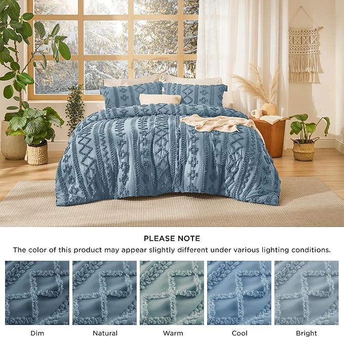 Bedsure Tufted Boho Comforter Set King Size - Grayish Blue Boho Bed Set, GentleSoft™ 3 Pieces Farmhouse Shabby Chic Embroidery Bedding, Gifts for Woman, Soft Jacquard King Comforter for All Seasons