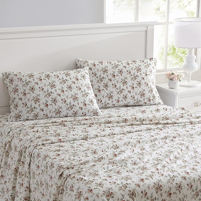 Laura Ashley - Flannel Sheets Twin Size, Anti-Pilling & Wrinkle Resistant Cotton, Touchably Soft for All-Season Comfort - Bed Sheets with Matching Pillowcase & Fitted Sheet (Le Fleur Orange)